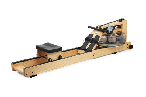 Water rowing machine with natural oak wood frame, black seat and handles, digital monitor, and transparent water resistance t