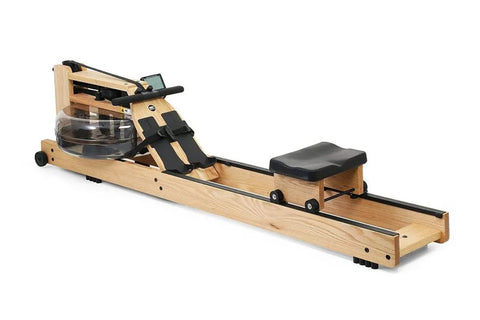 Water rowing machine with natural oak wood frame, black seat and handles, digital monitor, and transparent water resistance t