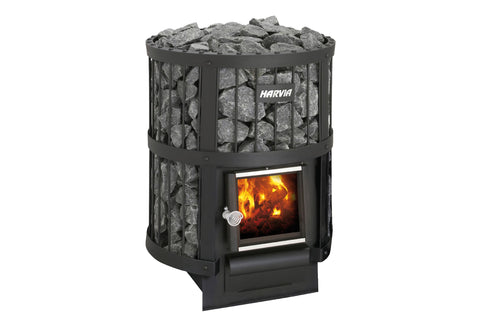 Harvia Legend 150 black cylindrical wood-burning sauna stove with gray rocks on top and glowing fire visible through front do