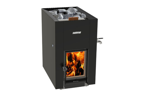 Black Harvia Linear 22 wood-burning sauna stove with gray stone rocks in top basin, visible flames in front firebox, and side