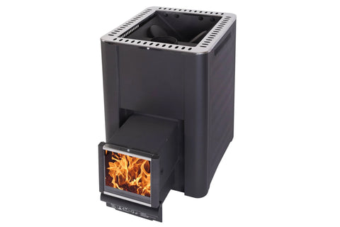 Harvia Pro 20 SL black wood-burning sauna stove with stone-filled top basin and visible flame fire box, isolated on white bac