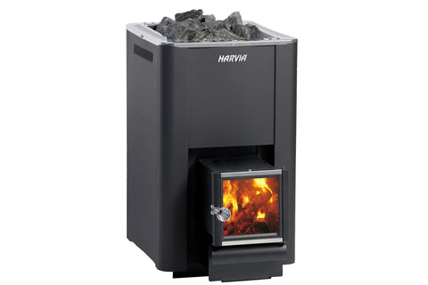 Harvia Pro 20 SL black wood-burning sauna stove with stone-filled top basin and visible flame fire box, isolated on white bac