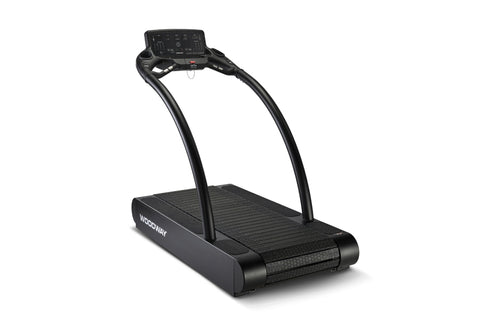 Black Woodway 4Front treadmill with curved running deck, arched handrails, and digital display console, viewed from front ang