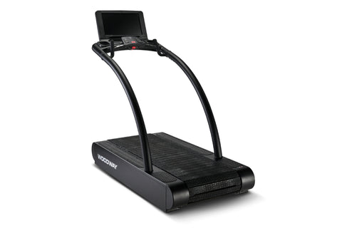 Black Woodway 4Front treadmill with curved running deck, arched handrails, and digital display console, viewed from front ang