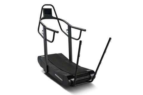 Black Woodway Curve FTG treadmill with curved running deck, handrails, and digital display on white background