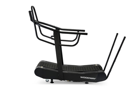 Black Woodway Curve FTG treadmill with curved running deck, handrails, and digital display on white background