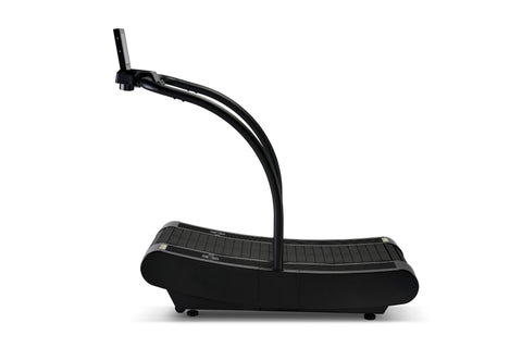 Black curved manual treadmill with curved running belt and dual handles on white background