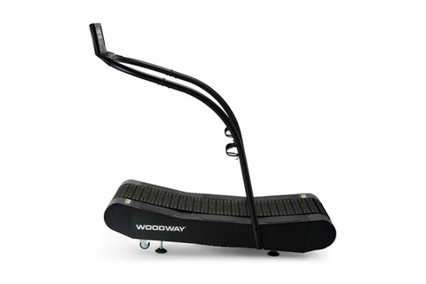 Woodway Curve Trainer Treadmill with black belt, curved running surface, and digital console on white background