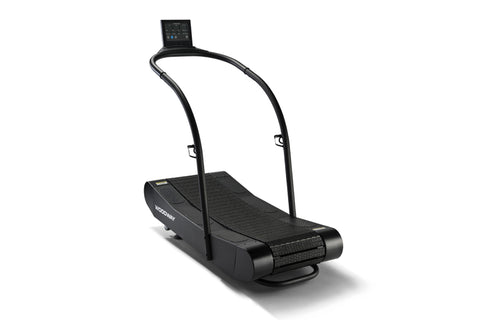 Woodway Curve Trainer Treadmill with black belt, curved running surface, and digital console on white background