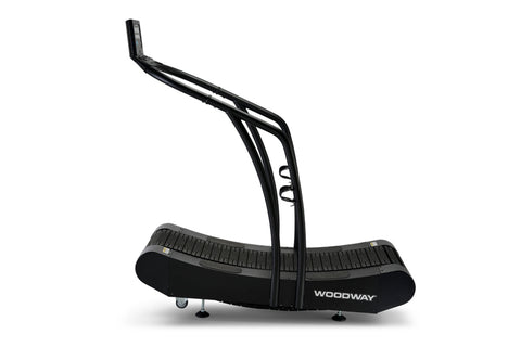 Black Woodway Curve treadmill with curved running deck, dual handrails, and digital display console on white background