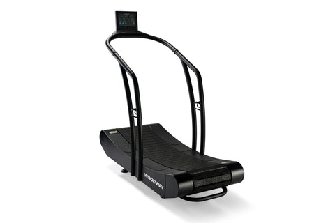 Black Woodway Curve treadmill with curved running deck, dual handrails, and digital display console on white background