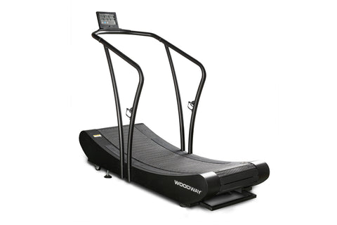Woodway Curve XL curved treadmill with black frame, textured running surface, and digital display console on white background