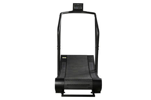 Woodway Curve XL curved treadmill with black frame, textured running surface, and digital display console on white background