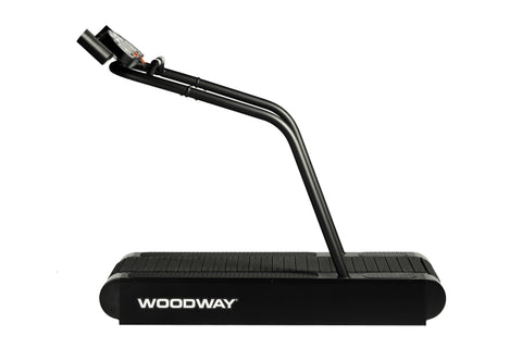 Woodway Mercury black treadmill with curved running belt, dual handrails, and digital display console on white background