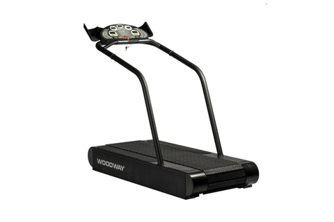 Woodway Mercury black treadmill with curved running belt, dual handrails, and digital display console on white background