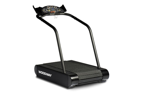 Woodway Path Treadmill with black frame, textured running deck, digital console display, and dual handrails on white backgrou