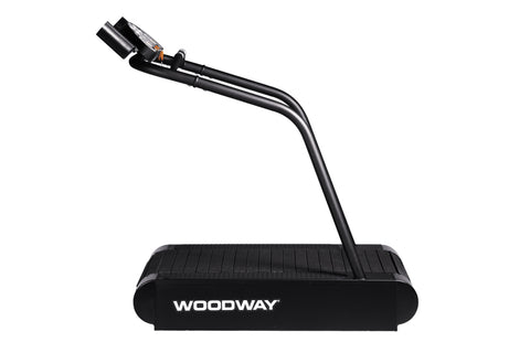 Woodway Path Treadmill with black frame, textured running deck, digital console display, and dual handrails on white backgrou