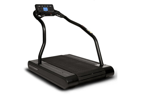 Black Woodway PRO XL treadmill with curved running belt, dual handrails, and blue digital display console on white background