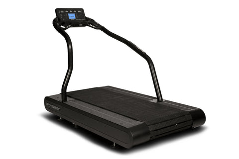 Black Woodway PRO XL treadmill with curved running belt, dual handrails, and blue digital display console on white background