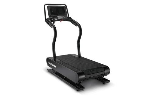 Woodway Ridgerunner black treadmill with digital display console and curved running belt on white background