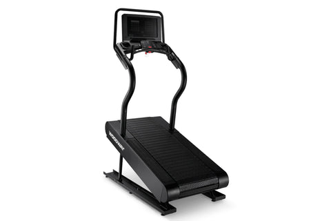 Woodway Ridgerunner black treadmill with digital display console and curved running belt on white background