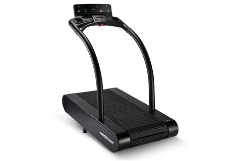 Black Woodway Vive treadmill with curved running deck, digital console, and dual handrails on white background
