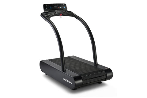 Black Woodway Vive treadmill with curved running deck, digital console, and dual handrails on white background