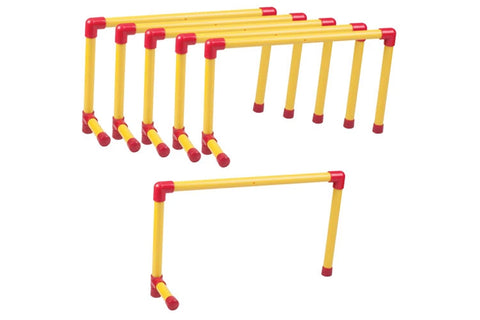 Yellow and red plastic hurdle set with five adjustable hurdles and one single hurdle on white background