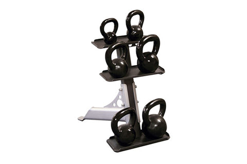 Black kettlebell rack with three tiers holding five black kettlebells, white metal frame on white background