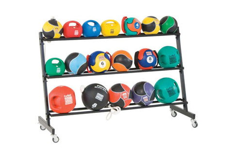 Black metal 3-tier medicine ball rack with caster wheels holding colorful weighted balls in various sizes and colors on white