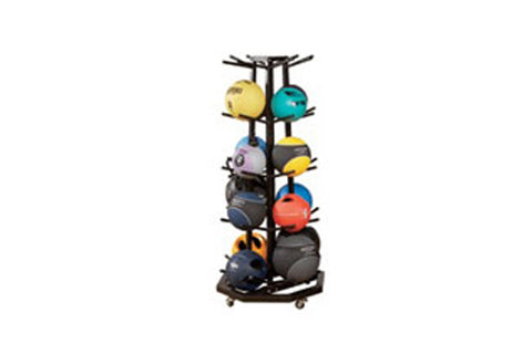 Black 4-sided medicine ball rack holding colorful medicine balls in yellow, turquoise, purple, gray, yellow, red, and blue, o