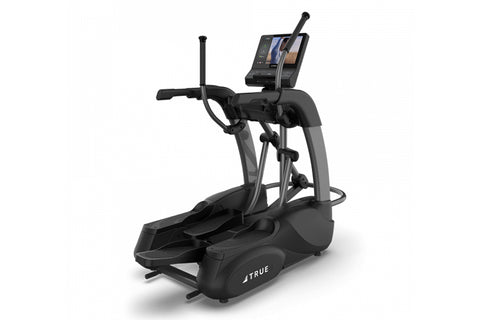Black and gray commercial elliptical machine with dual handles, foot pedals, and digital console display on white background