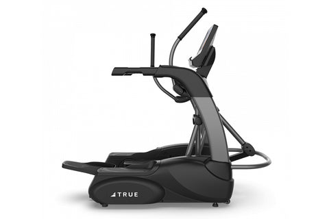 Black and gray commercial elliptical machine with dual handles, foot pedals, and digital console display on white background