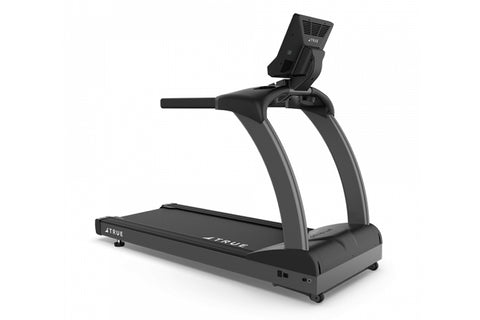 TRUE CS400 commercial treadmill with black running deck, gray frame, and touchscreen display mounted on console, on white bac