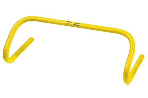 Bright yellow speed hurdle with curved legs, displayed on white background
