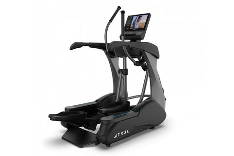 Black and gray commercial elliptical machine with dual handles, foot pedals, and digital display on white background