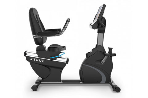 TRUE C900 recumbent exercise bike with black seat, gray accents, and digital console display on white background