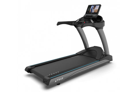 Black commercial treadmill with blue accent trim and digital display monitor mounted on console, front view on white backgrou
