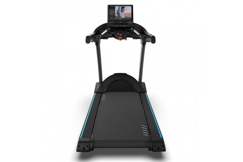 Black commercial treadmill with blue accent trim and digital display monitor mounted on console, front view on white backgrou