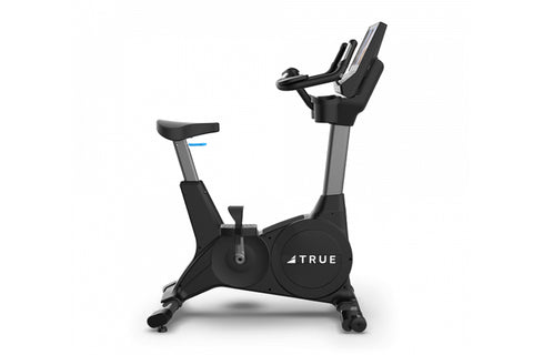 TRUE 900 upright exercise bike with black frame, gray column, padded seat, and digital display console on white background