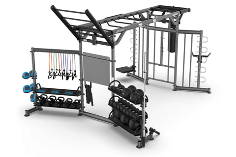 TRUE Atlas HD multi-station gym system with black metal frame, suspension trainer, dumbbell storage, and cable machine statio