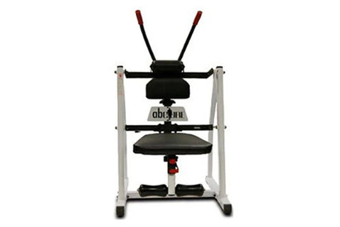 Black and silver Ab Lounge Abcore exercise machine with backrest, seat, footrest, and dual handles on white background