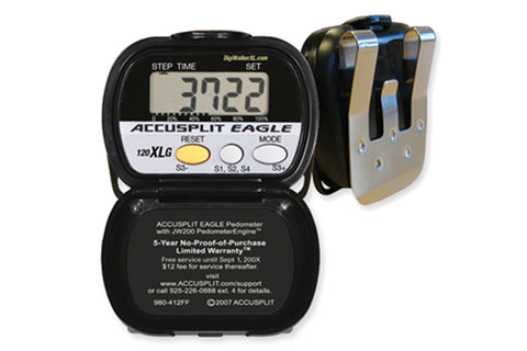 Accusplit Eagle XL6 black digital pedometer with LCD display showing step count, yellow and white buttons, and tan clip attac