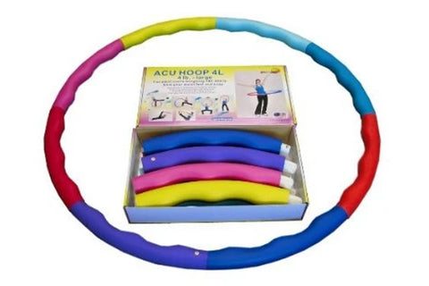 Warrior Acu Hoop 4L collapsible hula hoop in multicolor segments including pink, yellow, blue, and purple, displayed with pac