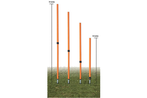 Warrior Adjustable Agility Pole Set showing four orange poles with black adjustment bands at various heights from 43 to 72 in