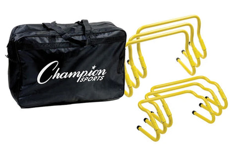 Champion Sports black nylon equipment bag with white logo next to six yellow adjustable speed hurdles on white background
