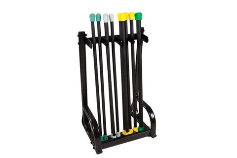 Warrior Aerobic Bar Vertical Storage Rack with multiple black bars and colored end caps in teal, gray, yellow, and green on w
