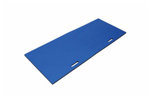 Blue foldable exercise mat with white handle straps on white background