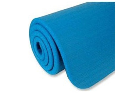 Bright blue foam exercise mat rolled partially with smooth surface visible on white background