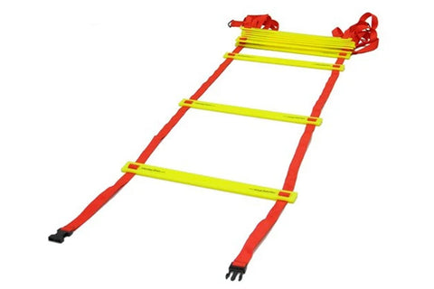 Warrior agility ladder with neon yellow rungs and red side rails, featuring red anchor straps at top and black foot pegs at b